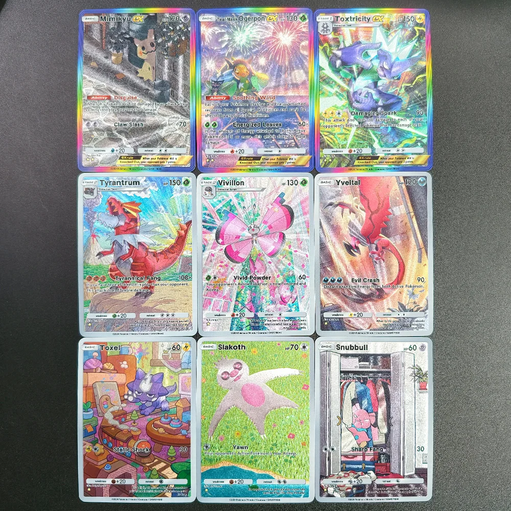 9 Peças DIY TCG Pocket Fantastical Parade Minikyu Ogerpon Slakoth Snubbull Toxel Tyrantrum Vivillon Yveltal Cartão de Brinquedo com Efeito Texturizado e Flash