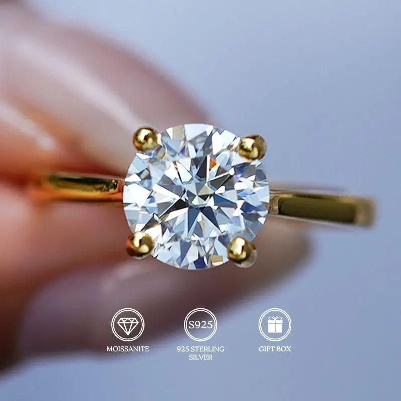 1PC 1/2/3 Ct Classic Golden Moissanite Four Claw Ring, S925 Moissanite Ring, Luxurious and Dazzling, Perfect for Romantic Dates.