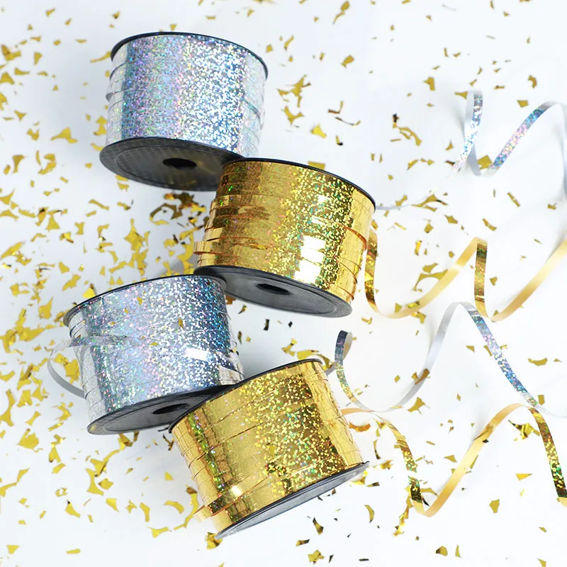 100 Yards/Rolle 5mm Kunststoff-Laser-Satinband Metallisches Ballonband für DIY-Bastelarbeiten, Geschenkverpackung, Blumensträuße, Hochzeitsdekoration – Detail 3