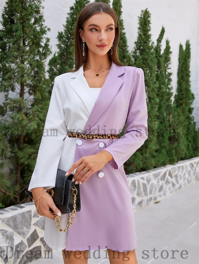 Women Suits 1 Pcs Long Blazer Double Breasted Custom Made Black And Purple Stitching Color Streetwear Prom Dress Jacket Coat