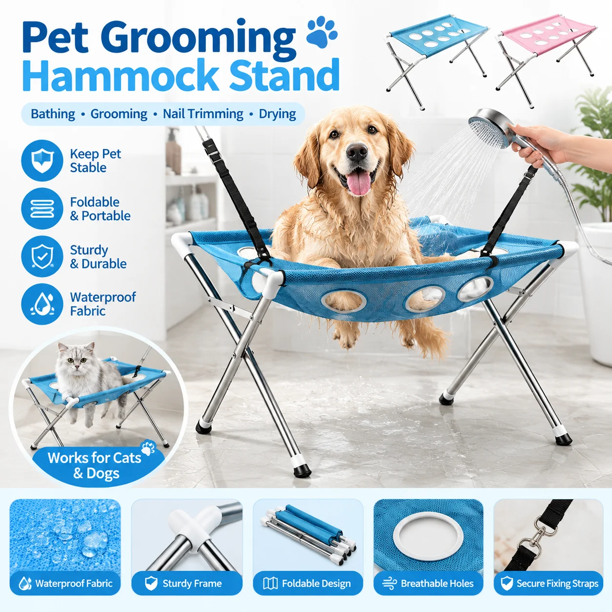 Foldable Adjustable Pet Grooming Hammock Stand, Dog Cat Bathing Drying Rack, Restraint Helper for Nail Trimming