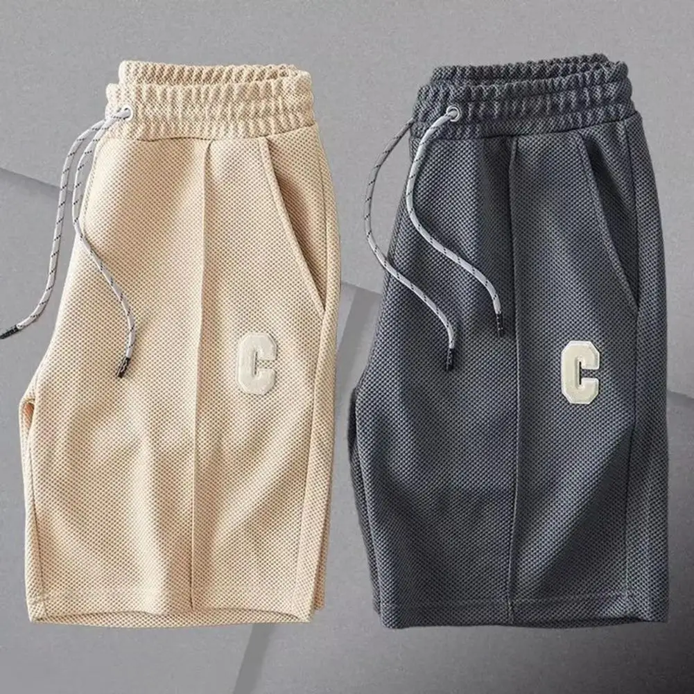 2026 Men Shorts with Waist Drawstring Design Solid Color Loose Fit Quick-Drying Sport Shorts Knee-Length Straight Pants