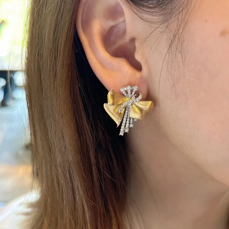 Classic irregular wire drawing bowknot earrings exquisite wedding light luxury earrings for women copper inlaid zircon jewelry