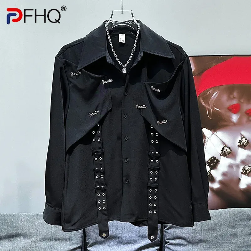 PFHQ 2024 Summer Korean Loose Versatile Long Sleeved Shirt New Metal Decoration Splicing Ribbon Design Men\'s Shirt 21Z5450