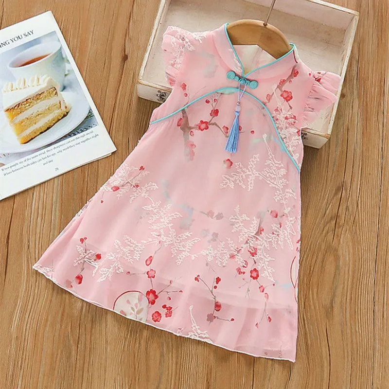 Crianças meninas vestido de verão estilo chinês hanfu cheongsam vestido infantil bebê menina princesa vestido