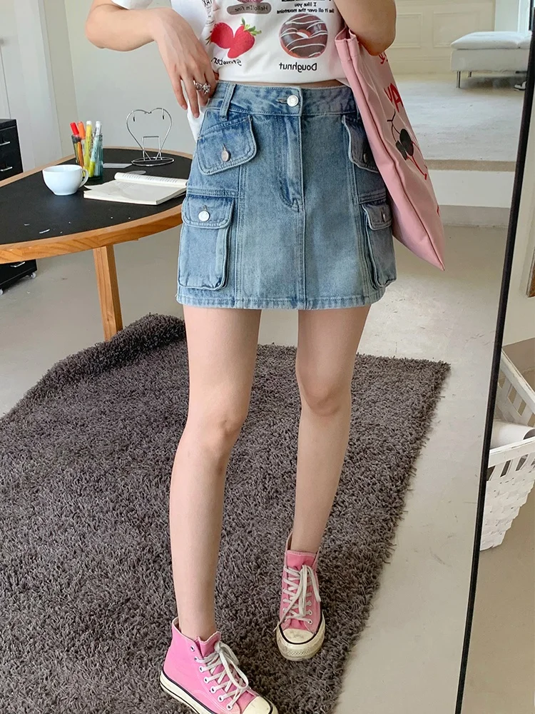 

Light Blue Denim A-Line Skirt Women's Casual Summer 2025 Faion High Waist Slimming Skirt with ket by Yang PaoPao