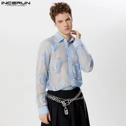 INCERUN Tops 2024 American Style Sexy Men Lace Floral Mesh Hollow See-through Shirt Male Clubwear Thin Long Sleeved Blouse S-5XL