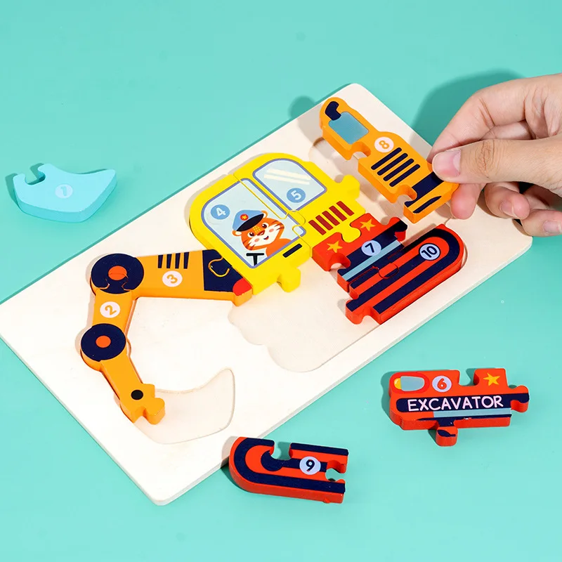 Houten kinderen vroege onderwijs verkeerscognitie driedimensionale puzzel speelgoed 0-2-3 jaar oude baby educatieve puzzel gebouw