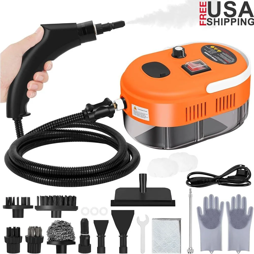 High Power Handheld Steam Cleaner Portable Car Cleaning Machine 2500W 6 Speed Adjustable Pressure 1L Tank 3 Brush Heads