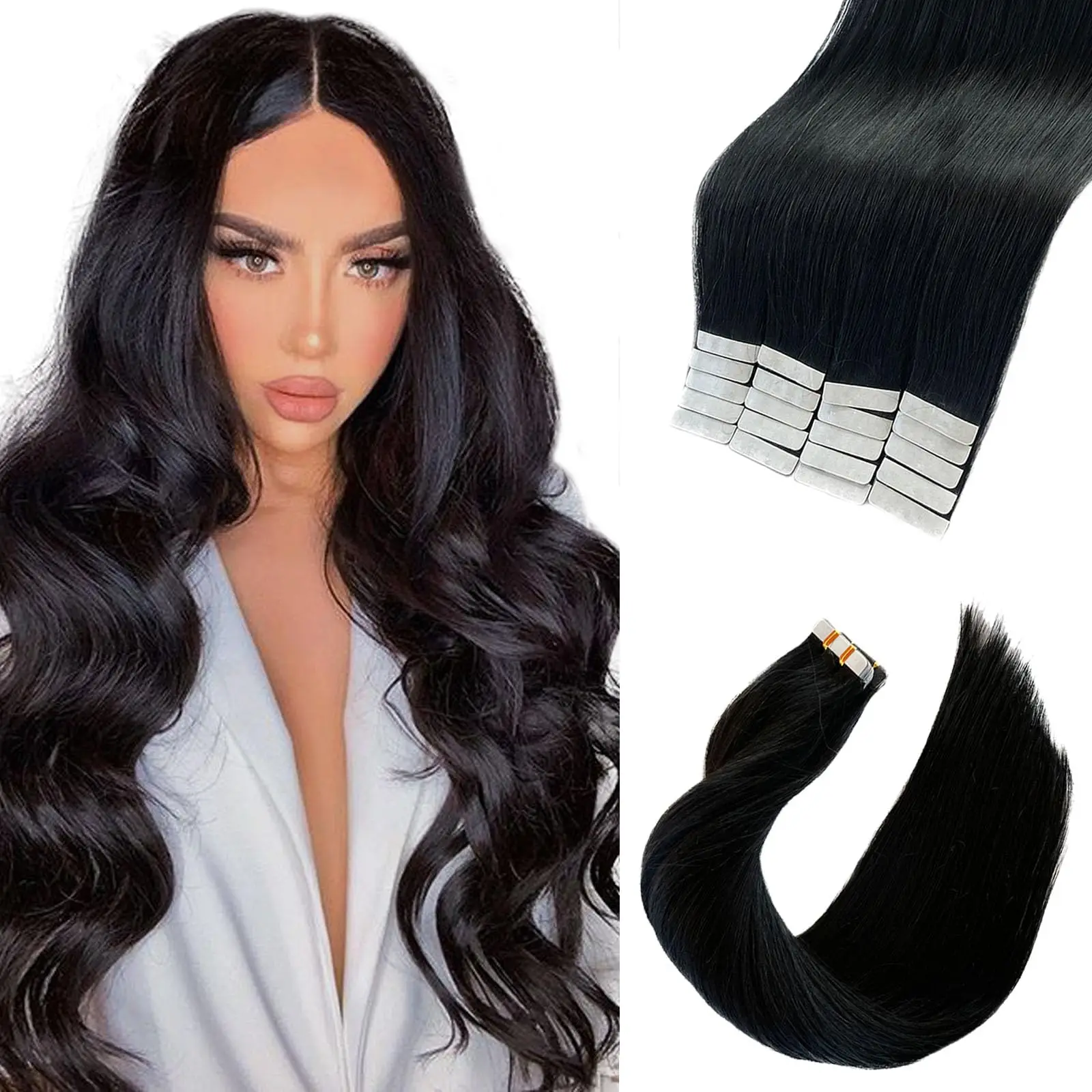 

Tape in Hair Extensions Human Hair #1B Hair Extensions Real Human Hair Tape in Extensions 50g Seamless Invisible Skin Weft Straight Remy Human Hair