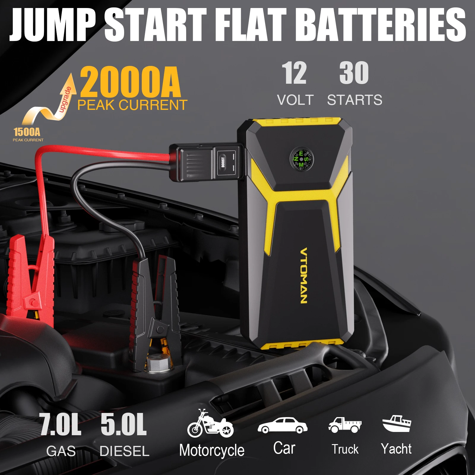 VTOMAN V6 Pro Car Jump Starter Power Bank 2000A Car Battery Charger Auto Emergency Booster Starting Device Jump Starter