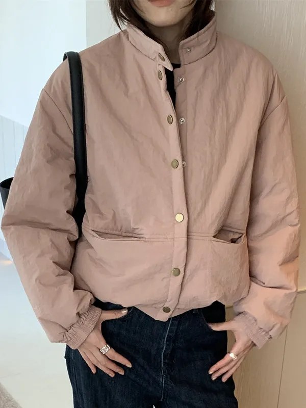 

Корейская универсальная свободная утепленная куртка-пуховик с воротником-стойкой на одной пуговице для женщин