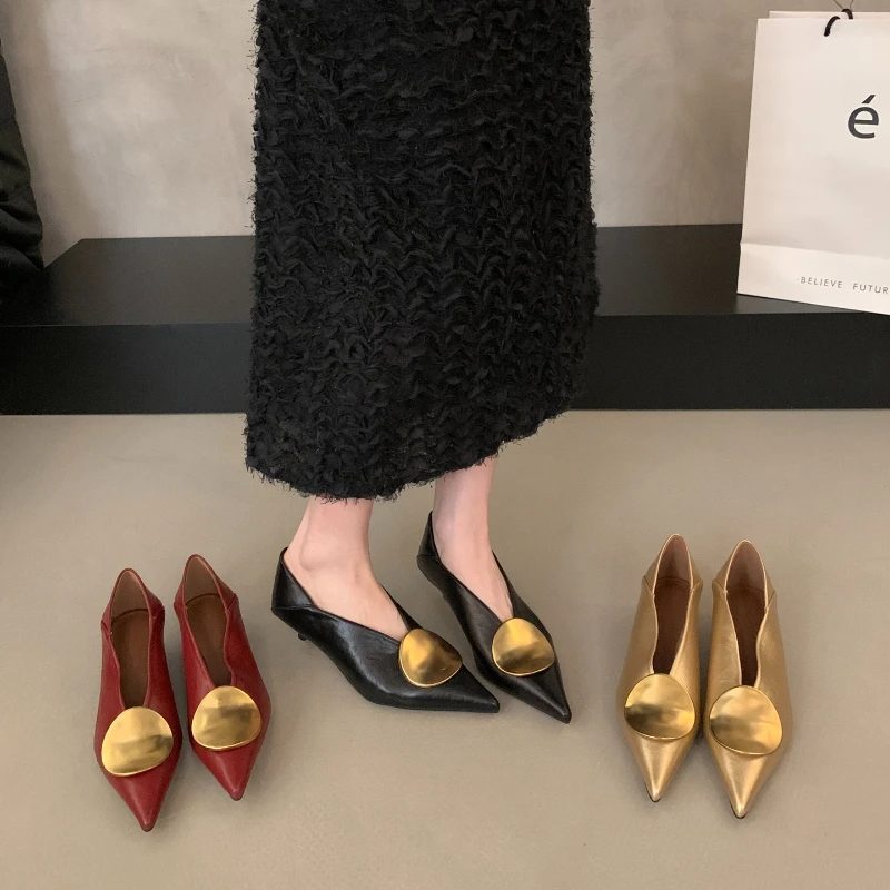Autumn Vintage Low Heel Metal Decoration Women Mary Jane Shoes Sexy Pointed Toe Stripper Party Shoes Zapatos De Mujer