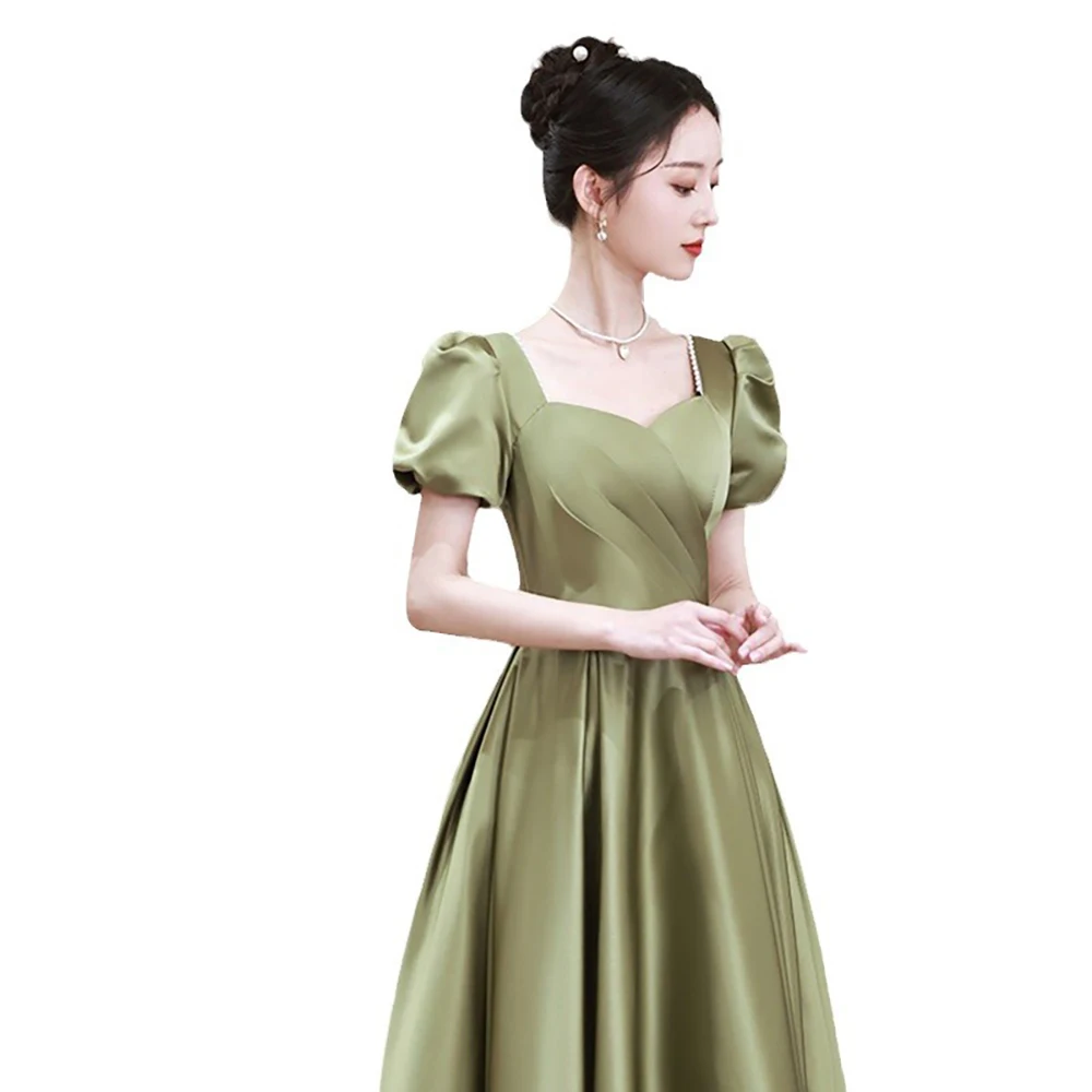 Luxury Evenng Dress for Women Beadings Square Collar Green Satin Long Banquet Prom Dresses Girls Party Quinceanera Dress Hosting