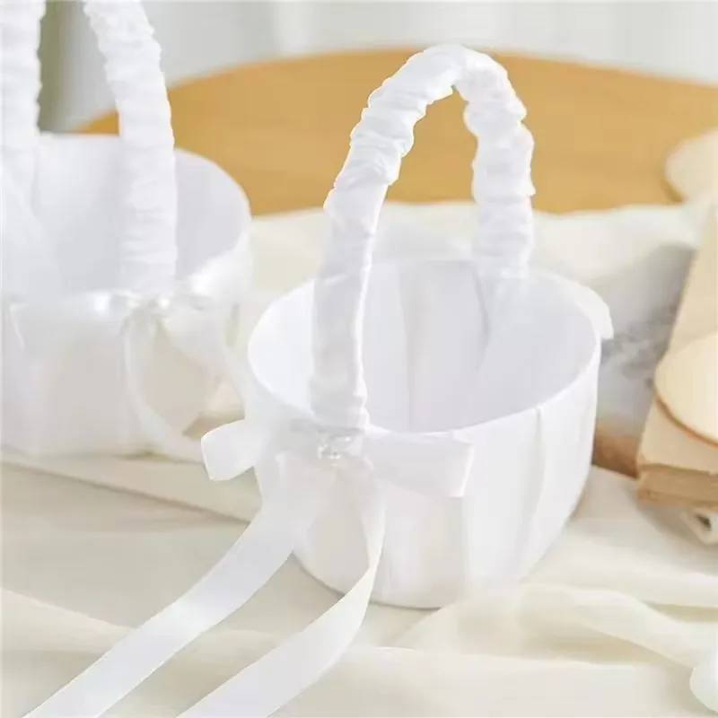 Wedding White Satin Bow Flower basket Flower Carrying basket with pearl handle suitable for bridesmaids and flower girls image 6