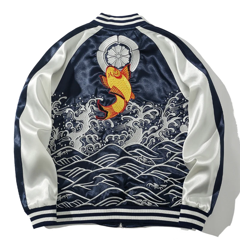 

Autumnal Baseball Collar Jaet with Embroidered Koi And Wave Design Men's Faion Outerwear Resistant to Wrinkles And Colors
