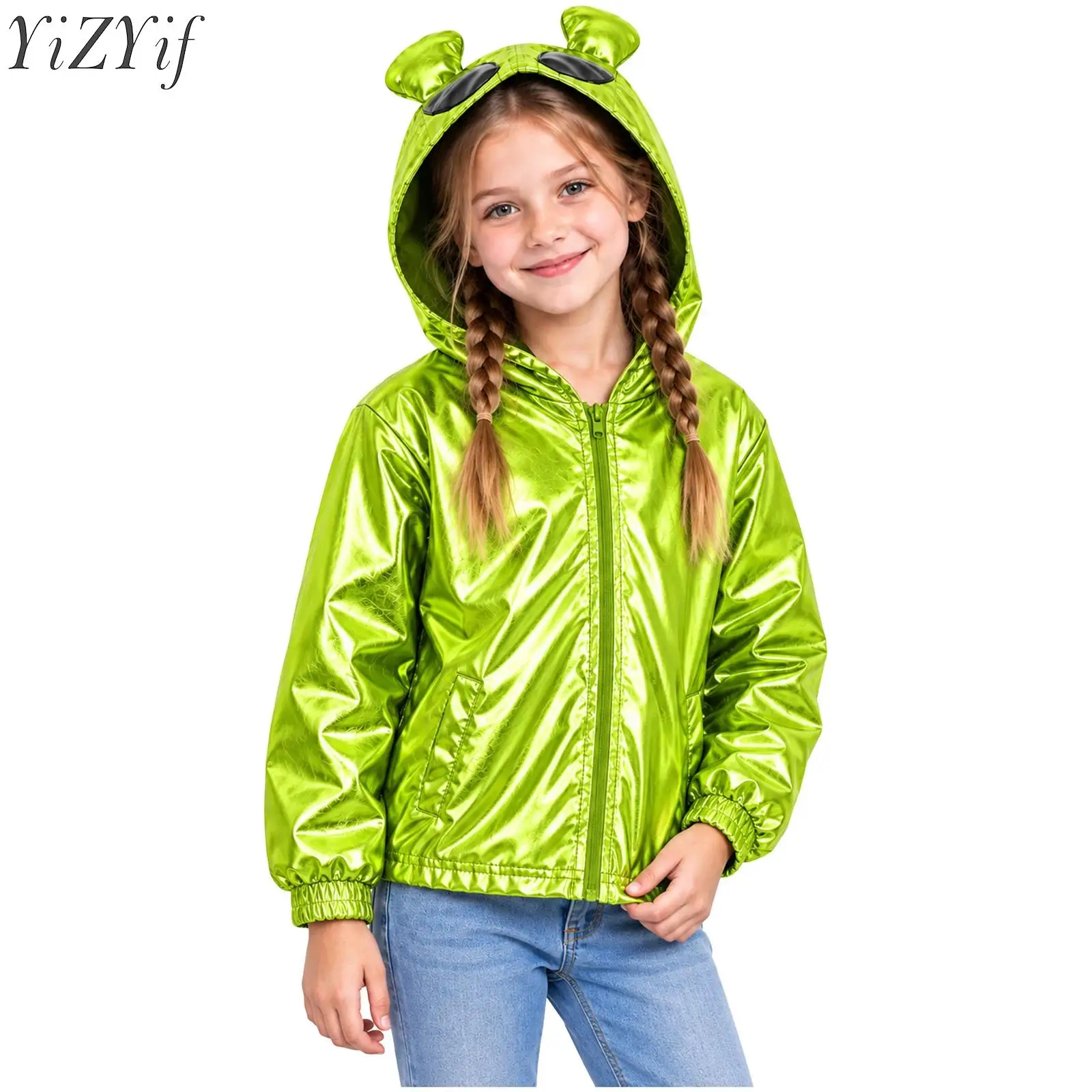 Kids Boys Girls Alien Metallic Jacket Long Sleeves Hooded Outerwear for Halloween Outer Space Fancy Dress Up Stage Performance