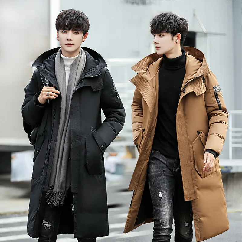 2024 New Men's Winter Casual Thick White Duck Down Hooded Pure Color Long Coat Mid-length Youth Coats