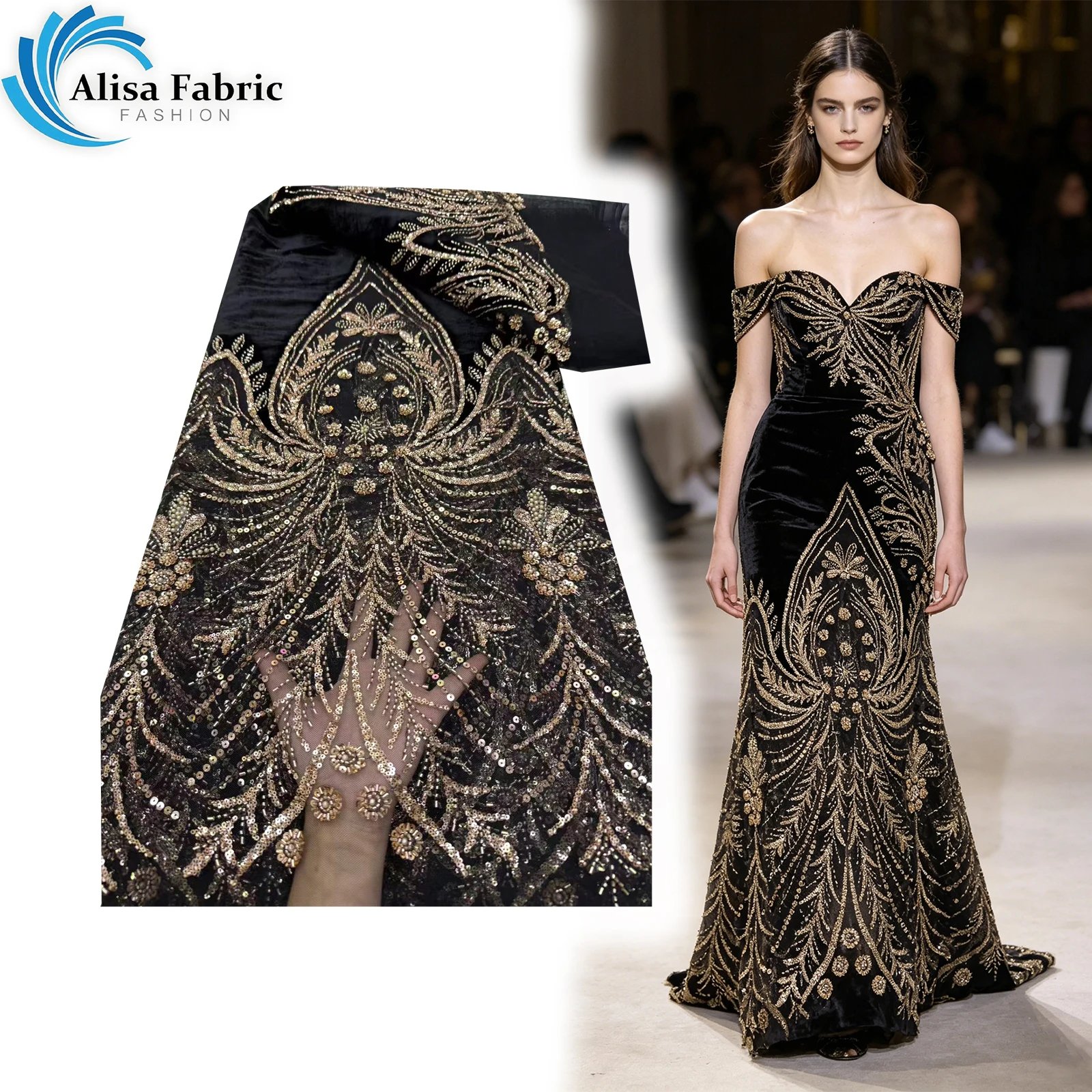 

High quality beaded lace velvet lace fabric 5 yards fabric for elegant church wedding party evening dress