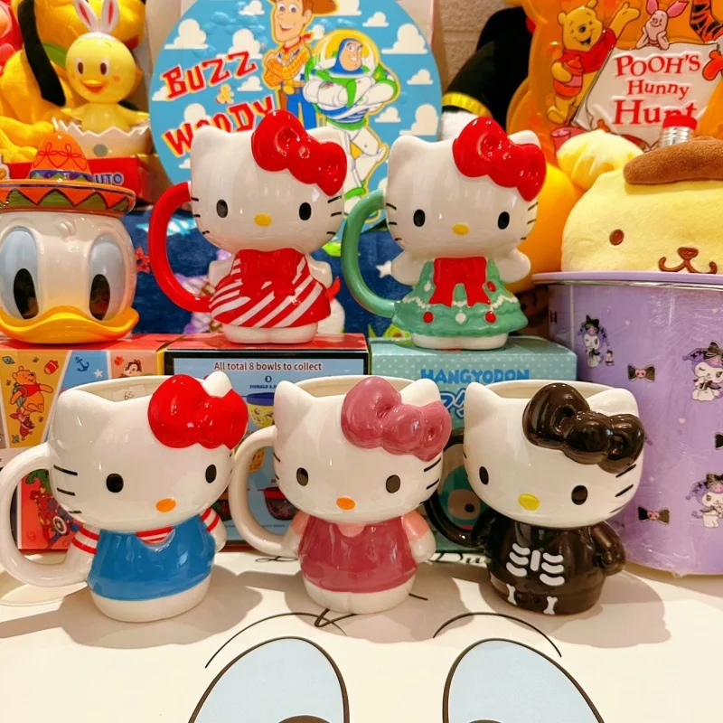 New Hello Kitty Sanrio Water Cup Kawaii Cartoon Cute Dolls Kt Bow Tie Ceramic Mug Anime Toy For Girl Kids Toys Birthday Gifts