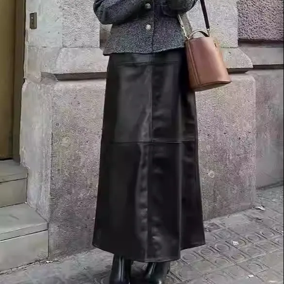 FCE-gefütterter PU-Leder-Splitrock mit hoher Taille für den Pendelverkehr, gerader Schlauch, mittellanger A-Linien-Farbrock für Damen