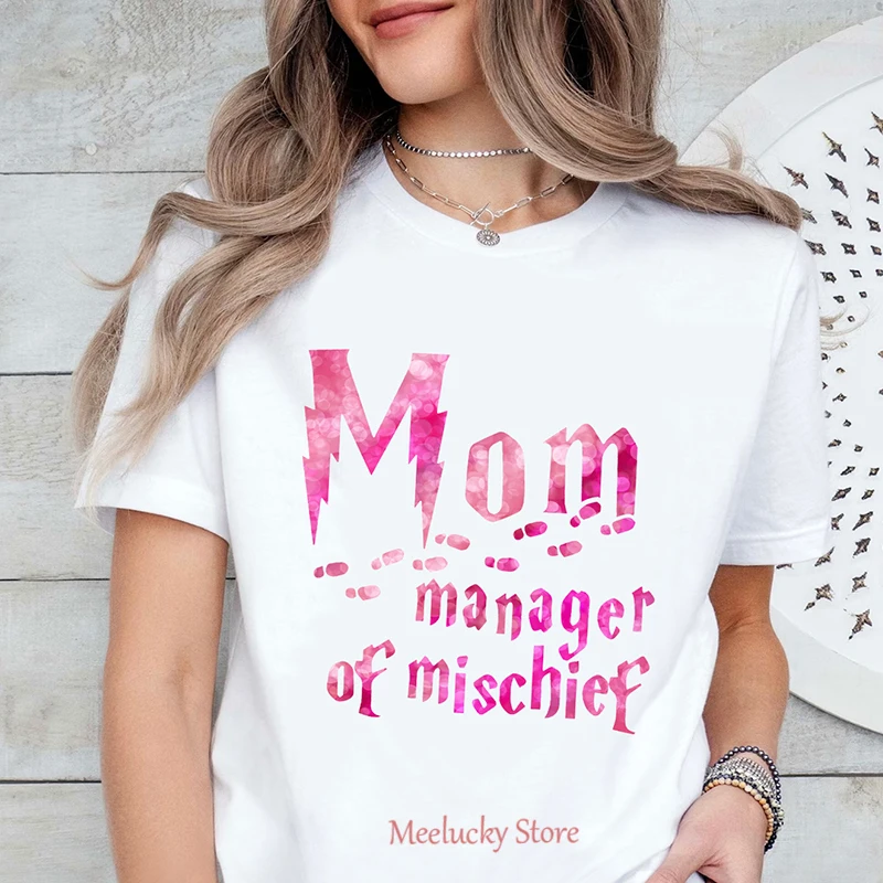 Mom manager of mischief letter printed pattern women's casual T-shirt, summer simple and elegant women's top