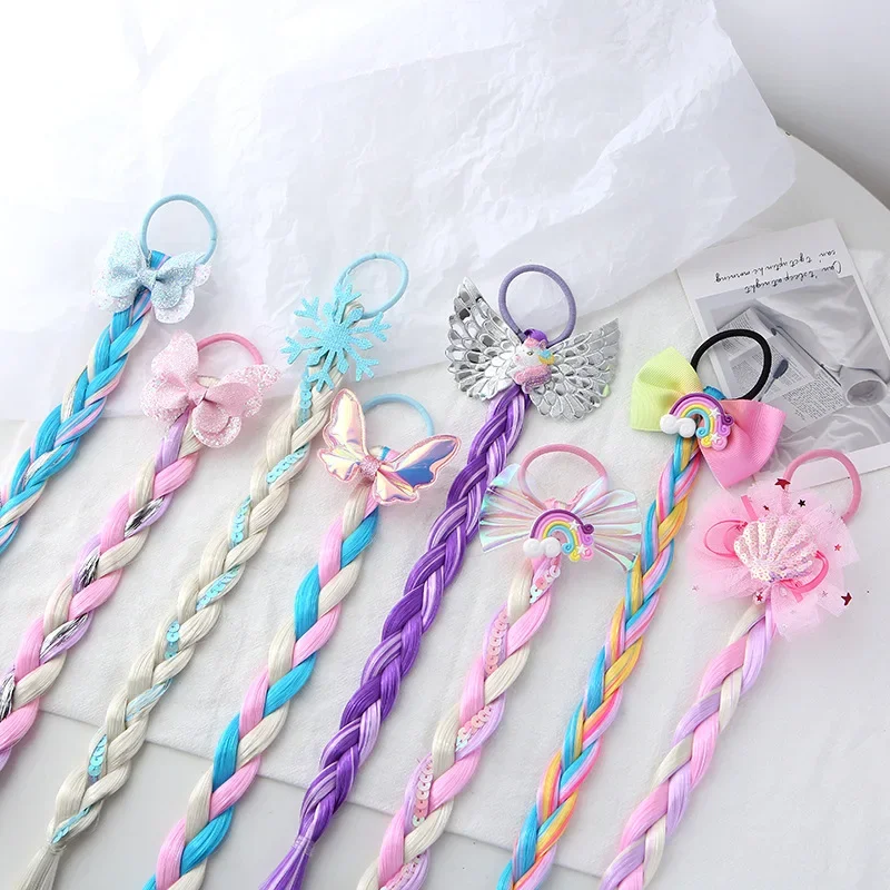 Girls Colorful Hair ScrunchiesWig Pigtail Elastic Hair Rings Ponytail Hair Ropes for Girls Sequin Glitter Kids Headwear