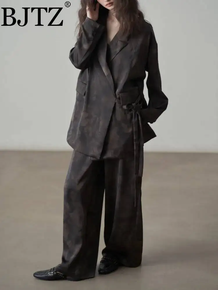 

BJTZ свободный пиджак с принтом тай-дай, женский комплект из двух предметов, широкие брюки с высокой талией, весна-осень 2021, модная офисная женская одежда