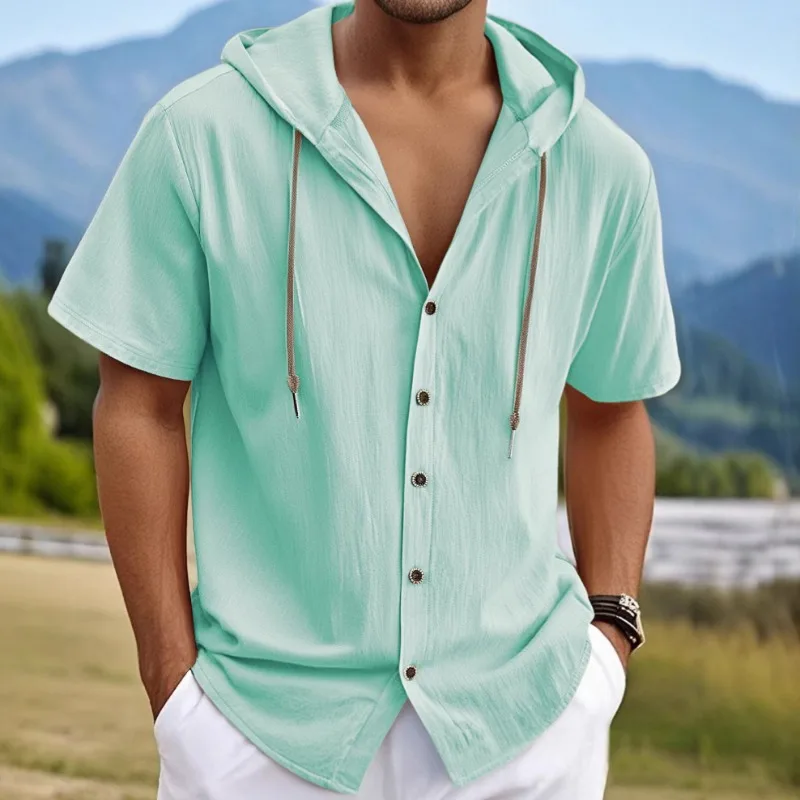 

Mens Solid Color Linen Blend Hooded Short Sleeve Shirt Casual Loose Button Up Top For Summer
