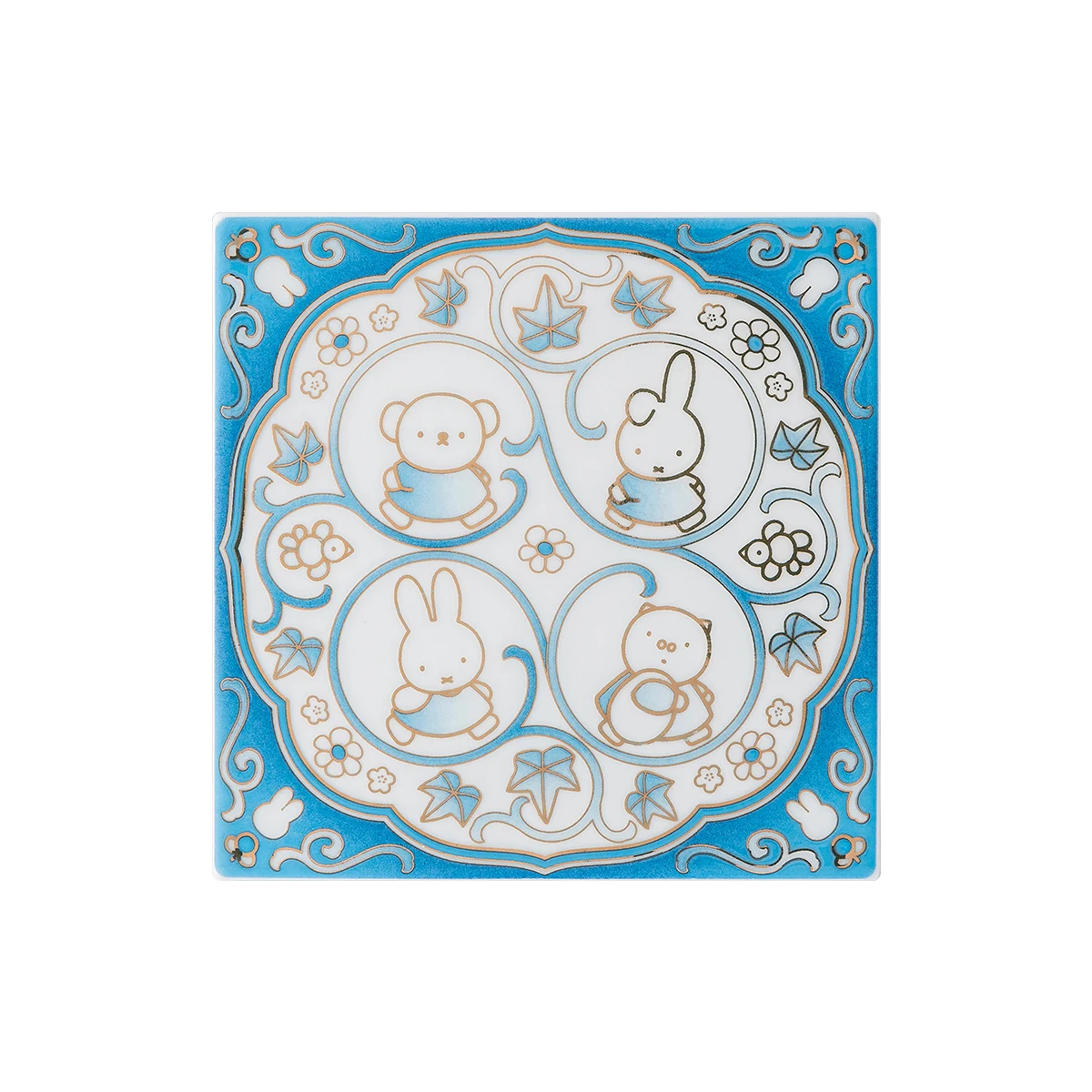 Miffy porseleinen tegelset, bestaande uit 3 tegels, blauwe tuin met wijnranken, Jingdezhen keramische onderzetters, 10 cm, blauw-gouden bloemmotief in Chinoiserie-stijl, cadeau.