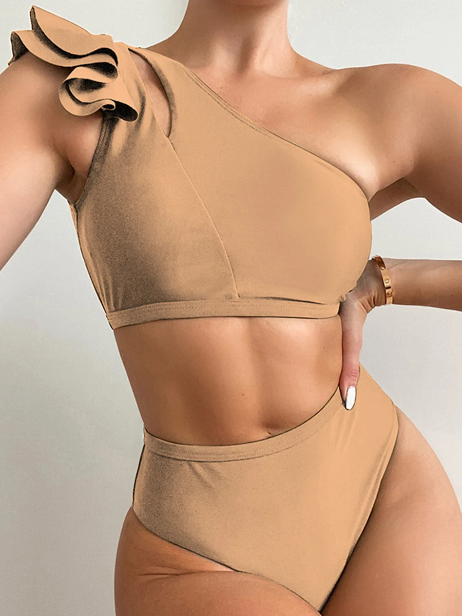 Maillot de bain asymétrique épaule dénudée, à volants, couleur unie, taille haute, rembourré, pour baigneurs, vêtements de plage, pour femmes, 2024