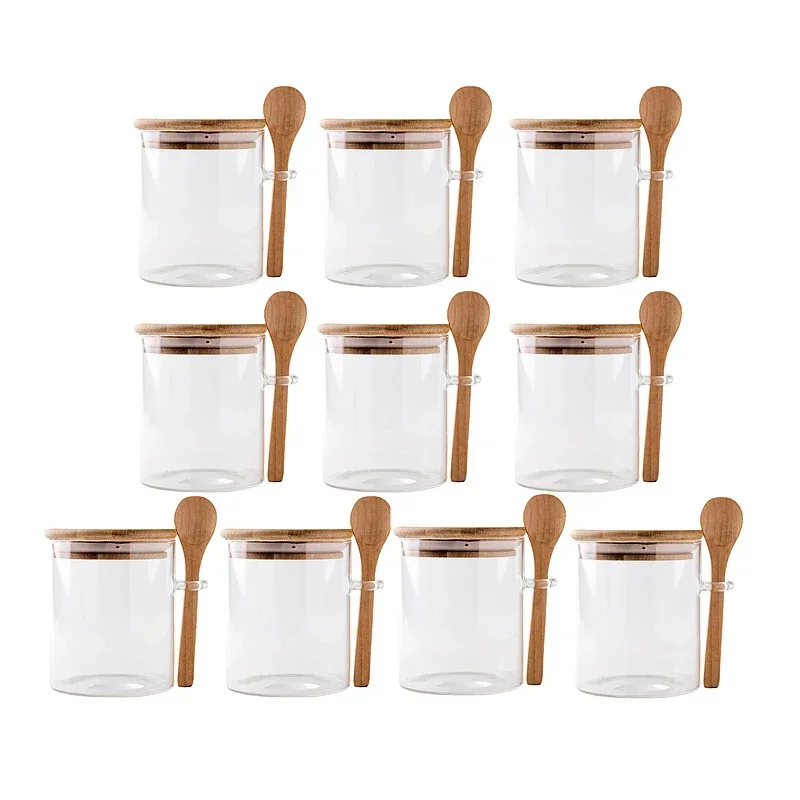 

Glass Honey Jars with Spoons, Sealed Glass Bottle, Kitchen Seasoning Storage Tank, Bamboo Cover, 10 Units, 200ml