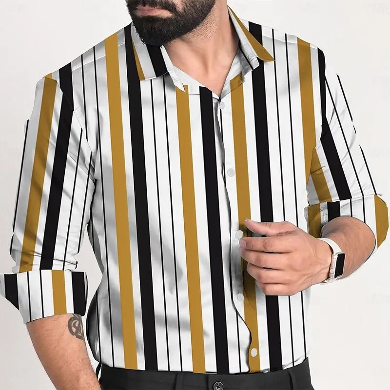 

2024 Fashion Collar Shirt Stripe Grid Light Color Change Multiple Shirts High Definition Pattern Fashion 3D Outdoor Party Shirt