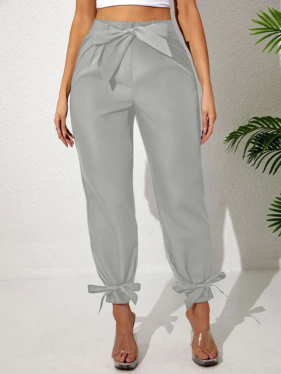 Women High Waist Casual Pants Fashion Self Tie Paperbag Trousers Elegant Solid Color Loose Ankle Length Bow Cuff Streetwear
