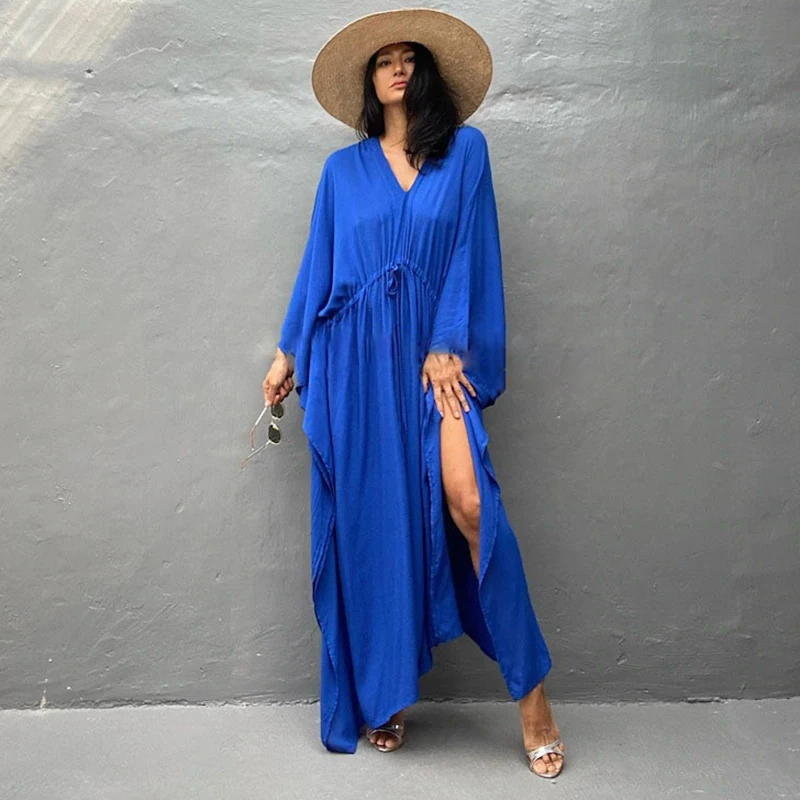 

Cotton Tunic Cover-ups Dresses Beachwear Women 2023 Summer V Neck Solid Dress Bikini Coat Sunscreen Elegant Long Beach Swimwear