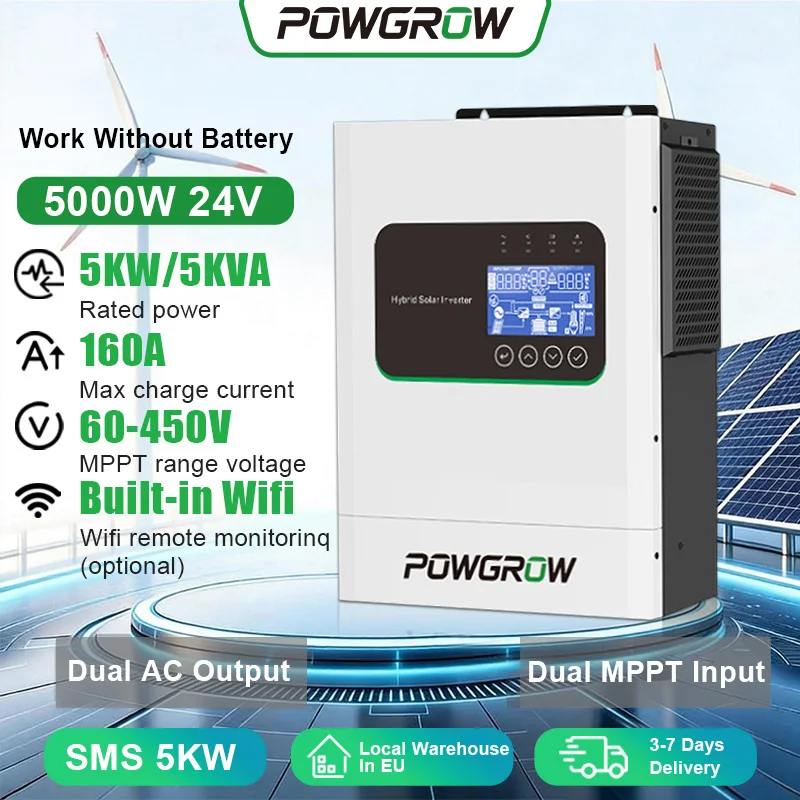 POWGROW 12KW 6.5KW 5KW 3.6KW Solar Hybride MPPT Omvormer 24V 48V 220V Max 500V PV Ingang Solar Batterijlader Met BMS Bescherming Voor Residentieel Off-Grid Zonnesysteem