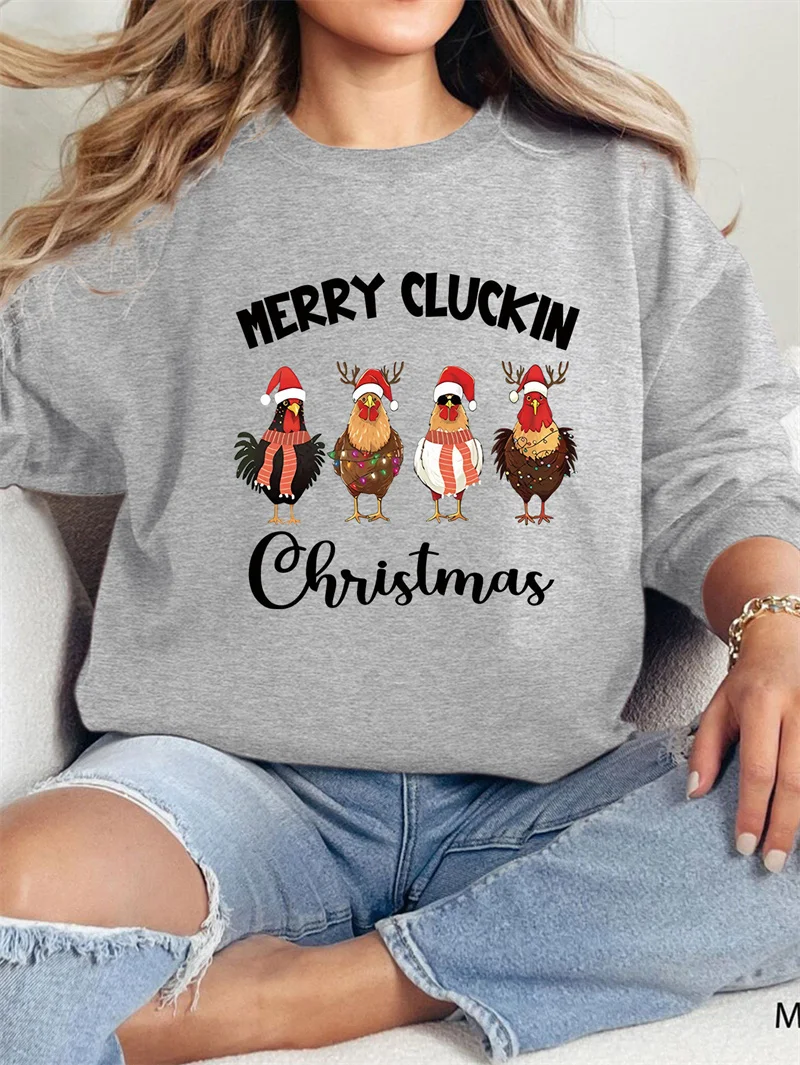 New cotton women's winter merry cluckin christmas Christmas Farm print letter casual vintage crew-neck fleece hoodie