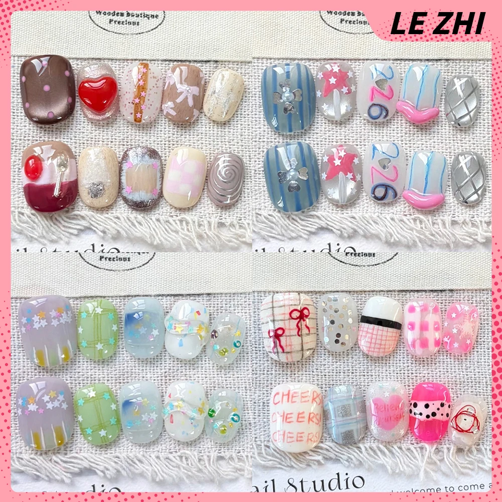 

Fashion Cute Colorful Short Square Ruond Handmade Reusable Press On Nails Stars Bowknot Cat Eyes Pearl Diamond Flower Fake Nails