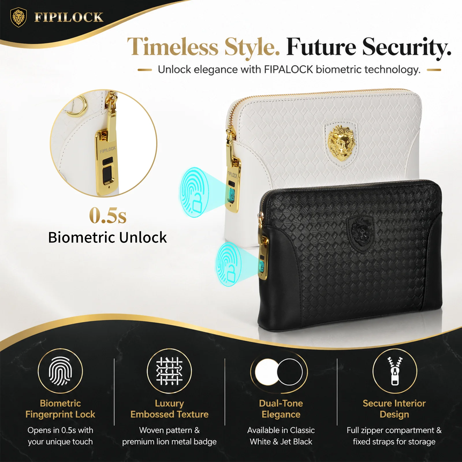 FIPILOCK Clutch Bags Lion's Head MessengeHandbags with Smart Fingerprint Unlock Anti-theft Credit Card Mobile Phone Wristlet Bag