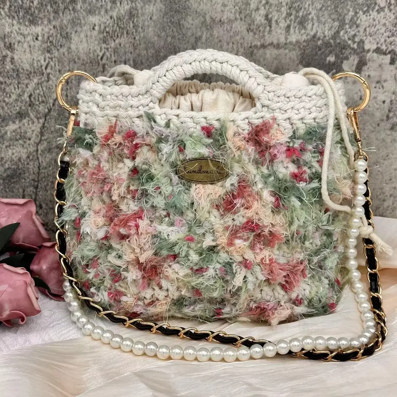 MS Handmade Crochet Bag for Women Luxury Wool Blended Yarn Chic French Style Handbag Shoulder Pouch Noble Ladies Purses New 2023