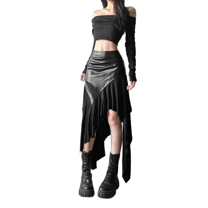 Spódnica z wysokim stanem w stylu amerykańskim na wiosnę 2025, patchworkowa, asymetryczna, seksowna, dziewczęca, z kwiatowym nadrukiem, dzianinowa z poliestru.