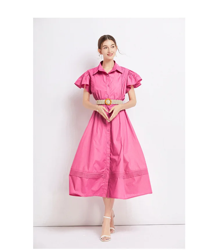 2025 French Retro Hollow Lace Patchwork Strap Slim Waist Short Sleeved Shirt Dress for Women Elegant A-line Long Vestido