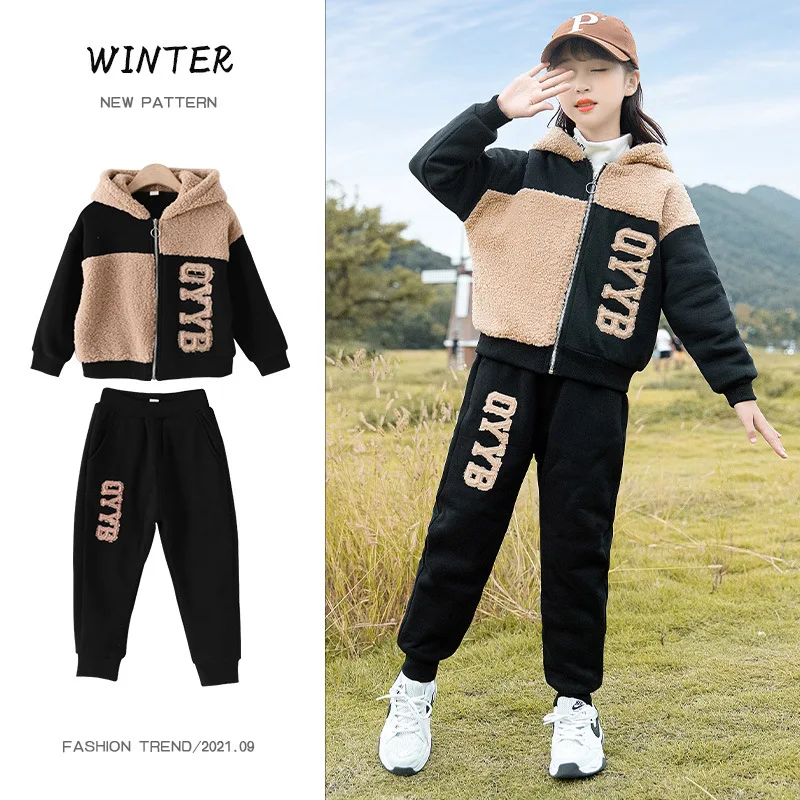 winter-children-girl-thicken-two-piece-suit-junior-girl-plus-velvet-contrast-hooded-zipper-outwear-warm-sweatpants-set-for-girls