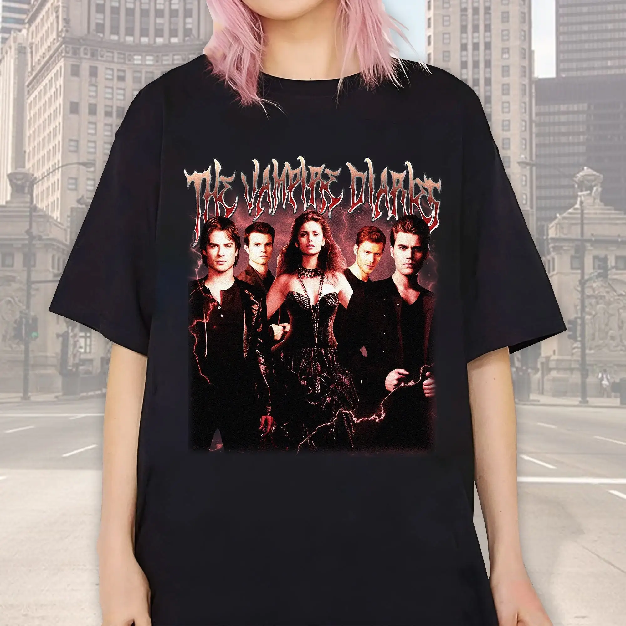 Vintage The Vampire Diaries Heavy Metal T Shirt Bootleg Damon Salvatore Stefan Elena GilberT