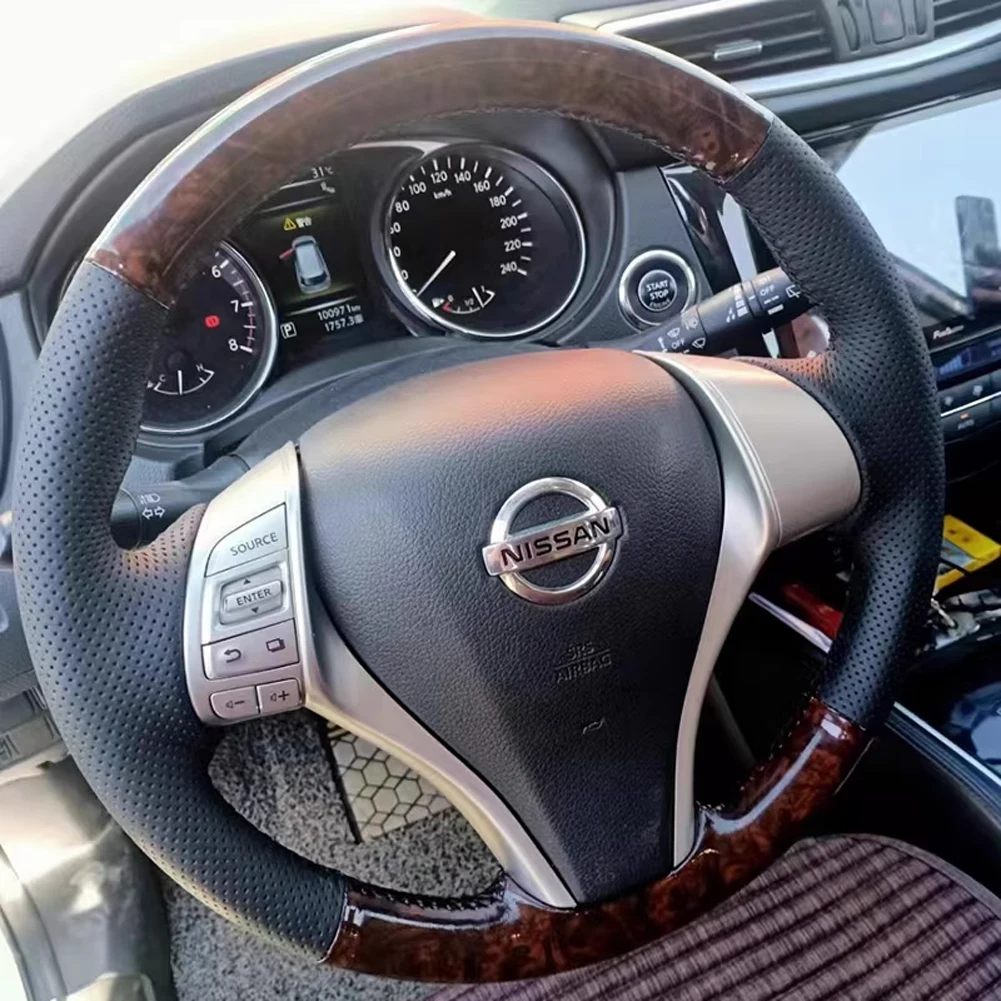 Hand Sewing Car Steering Wheel Cover for Nissan Teana Altima 2013-2016 X-Trail QASHQAI Rogue Pulsar Leather Wood Accessories
