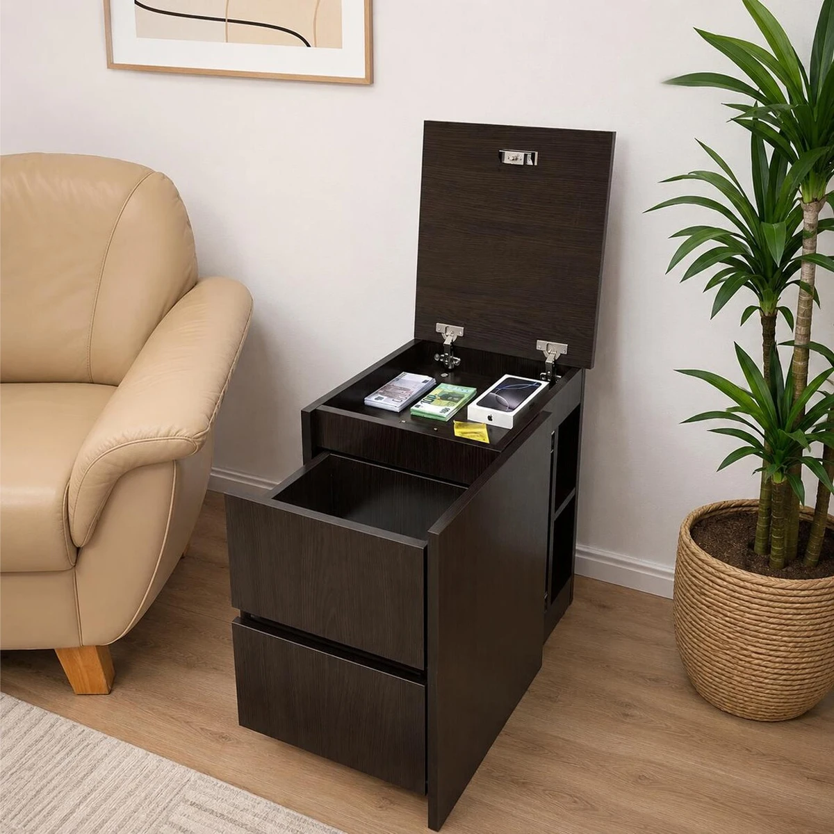 Modern Dark Walnut Nightstand With Lift Top And 3 Drawer Hidden Storage Factory Wholesale Bulk Order For Retailers