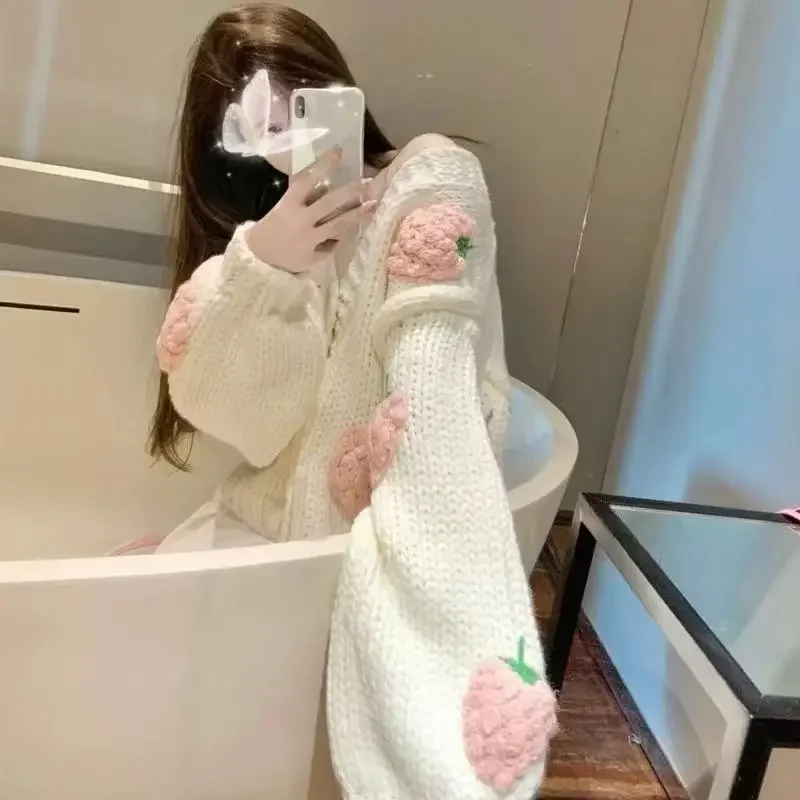 Strawberry Printed Crochet Cardigans Women Winter Korean Style Loose Knitting Sweater Female Fashion Casual V Neck Cardigan Tops
