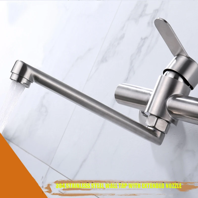 

304 Stainless Steel Drawn Wire IntoThe Wall Extended Mouth Russian Sink Wash Basin Hot And Cold Kitchen Faucet