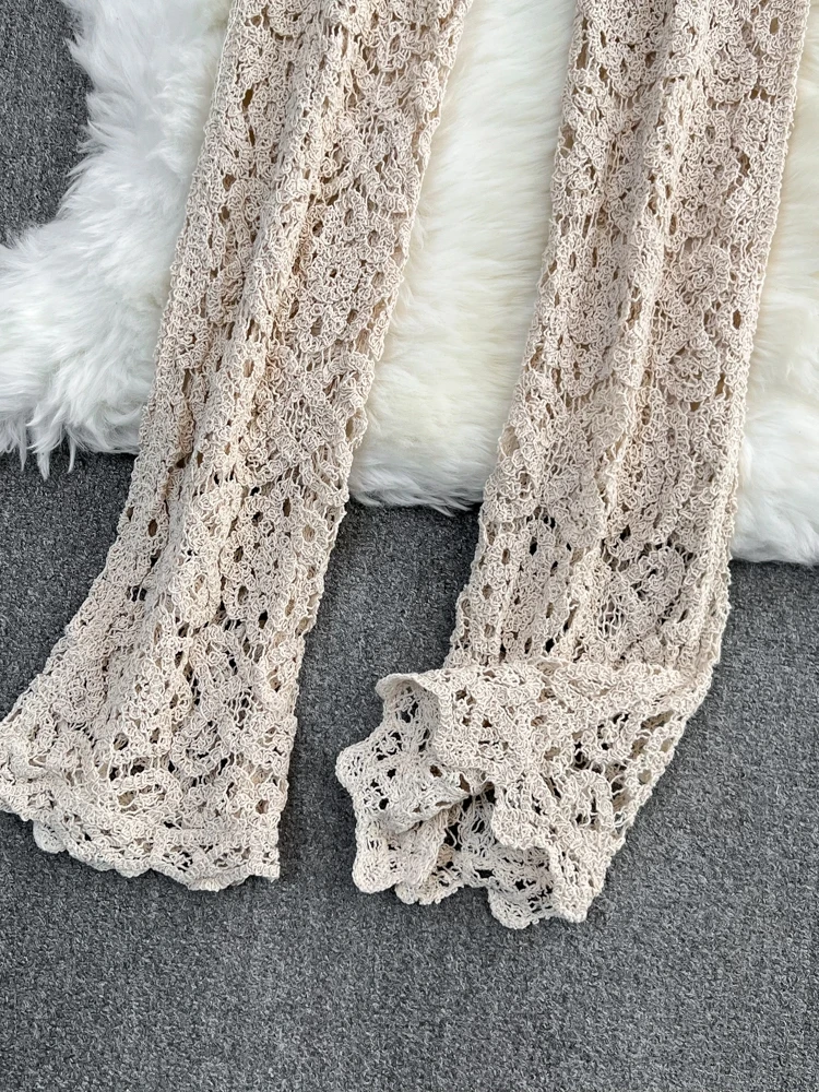 Pantaloni svasati scavati lavorati a maglia a vita alta Beach Vaion Pantaloni lunghi casual estivi coreani Sle Effetto dimagrante