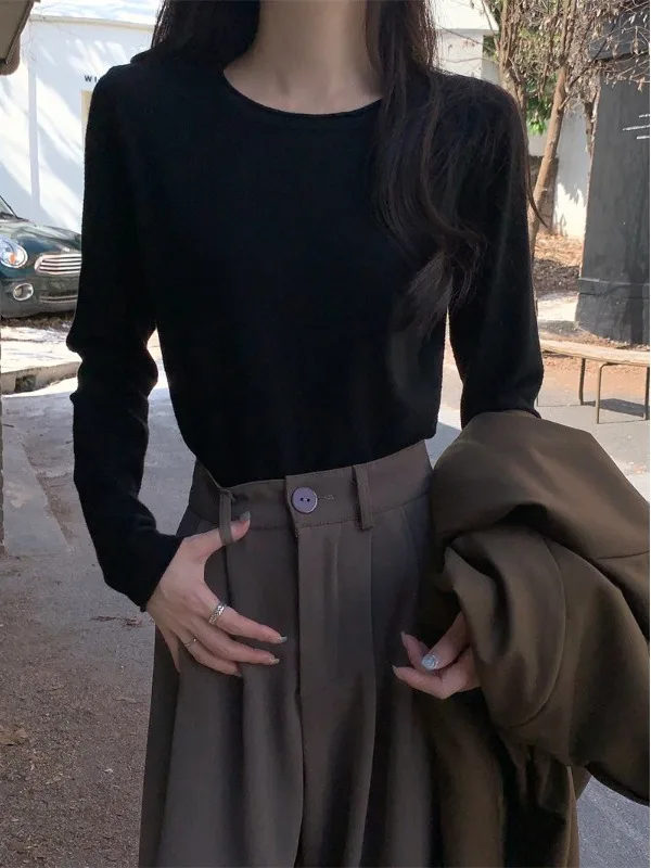 

Тонкий вязаный свитер Bla с круглым вырезом и длинными рукавами для женщин, весна-осень-зима, внутренняя одежда, футболка из мягкого полиэфирного волокна